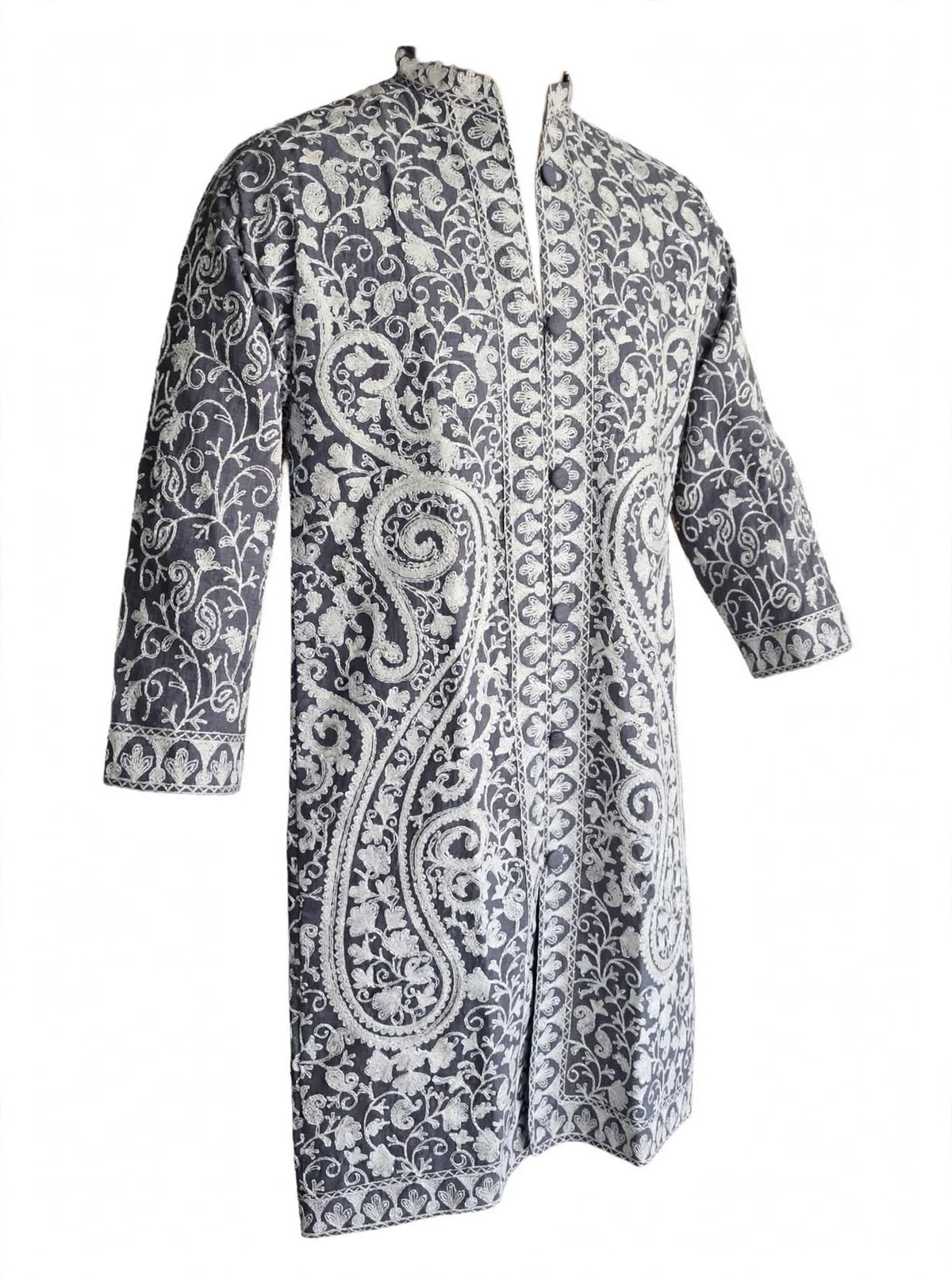 Grey Kashmiri Jacket - White Aari Embroidery Paisley Silk Coat