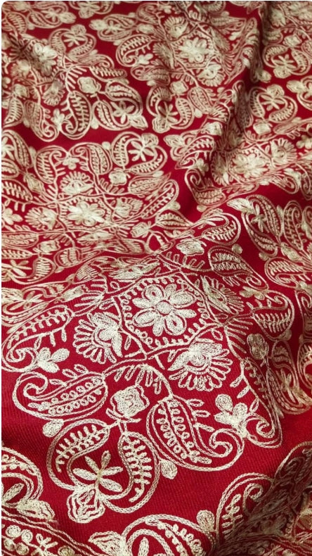 Kashmiri Pashmina Shawl - beige Aari Work on red Base | Diamond Jaal Design