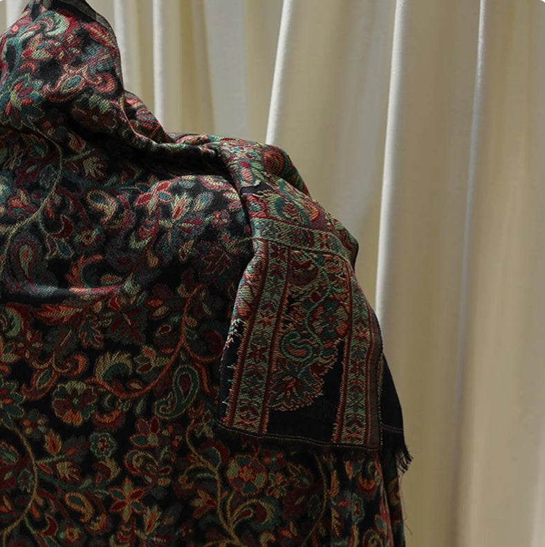 Black base Kaani woven scarf with floral paisley motifs – lightweight artisan wrap perfect for gifting, special occasions, or casual charm