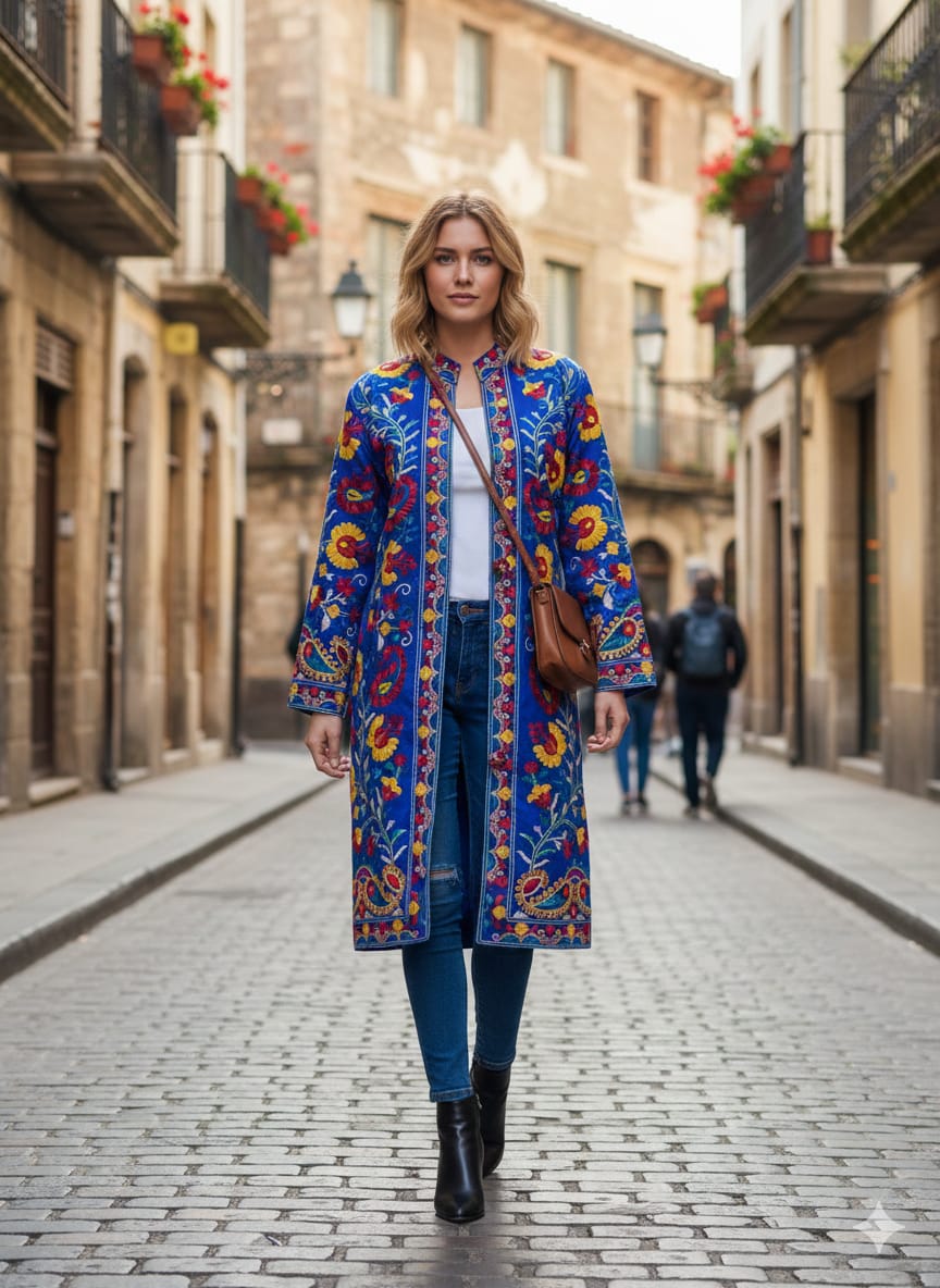 Vibrant Blue Silk Embroidered Kantha Jacket | Long Bohemian Kimono Coat | | Unique Festival Wear