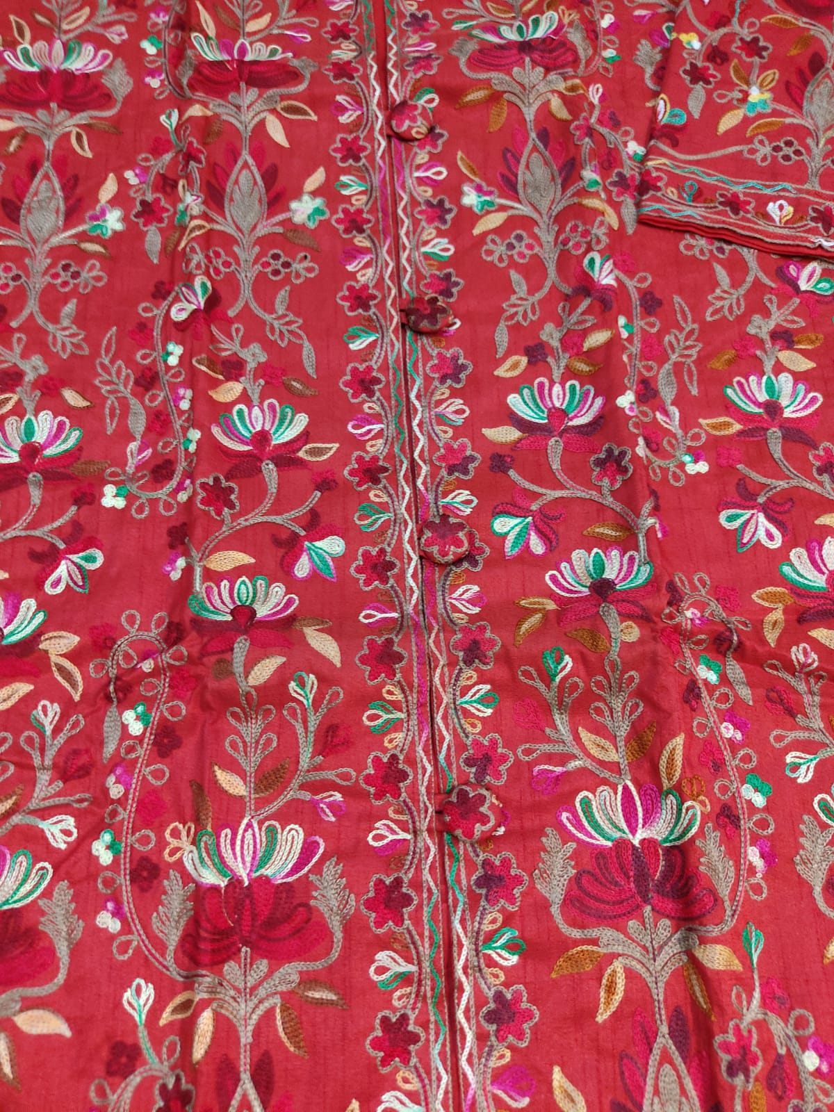 Artisan-Crafted Kashmiri Aari Embroidered Jacket - Red Floral Statement Coat
