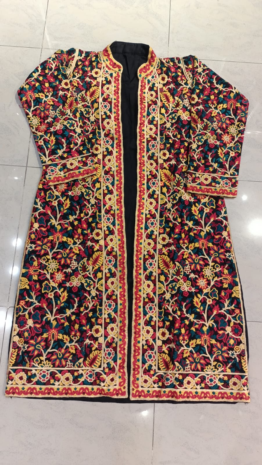 Artisan-Crafted Kashmiri Traditional Ethnic Embroidered Tunic jacket | Black Cotton Winter jacket | Colorful Bohemian Top