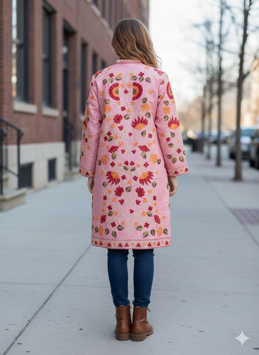 Artisan-Crafted Kashmiri Aari Embroidered Jacket - pink and multi embroidery Statement Coat