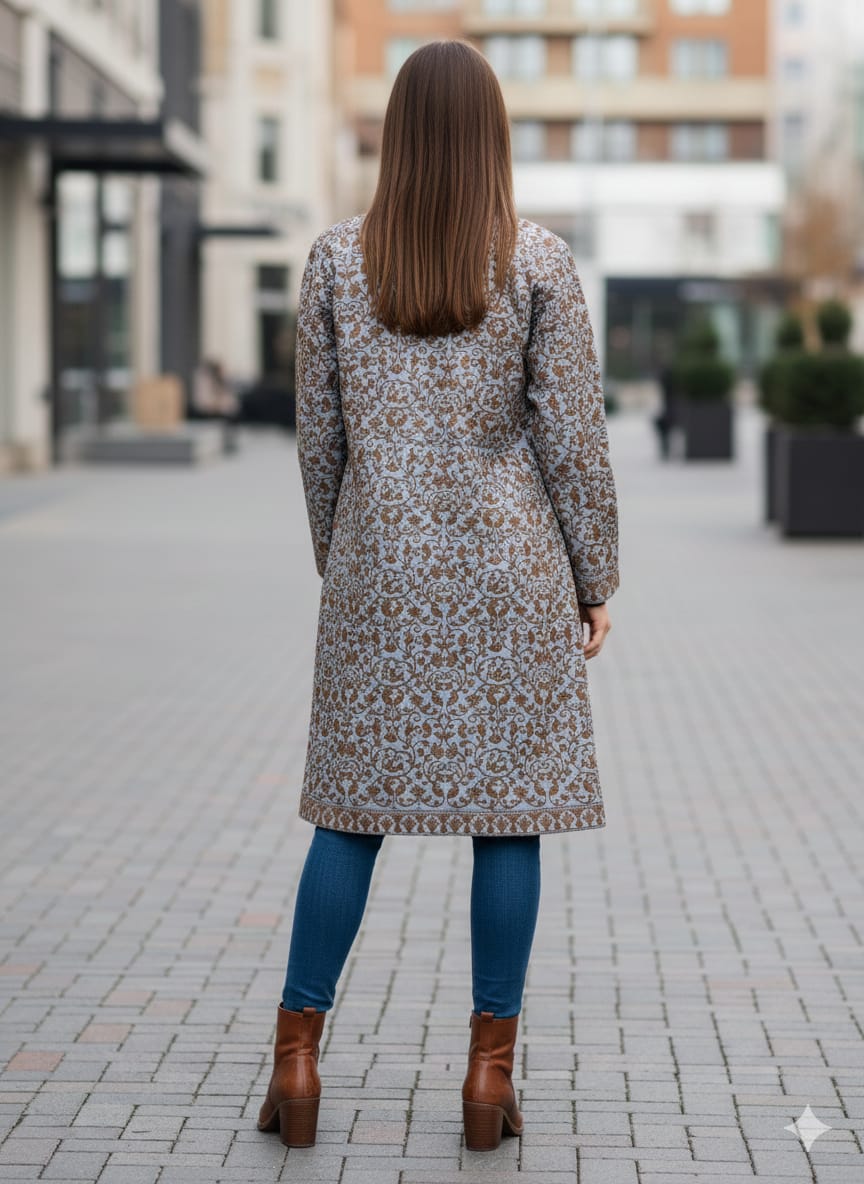 Artisan-Crafted Kashmiri Aari Embroidered Jacket - grey and maroon Statement Coat