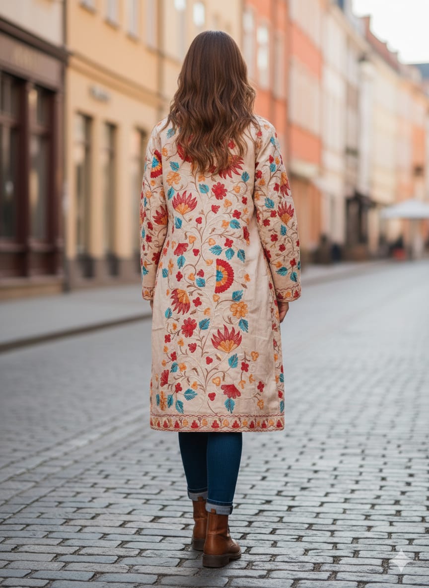 Artisan-Crafted Kashmiri Aari Embroidered Jacket - off white multi color Statement Coat