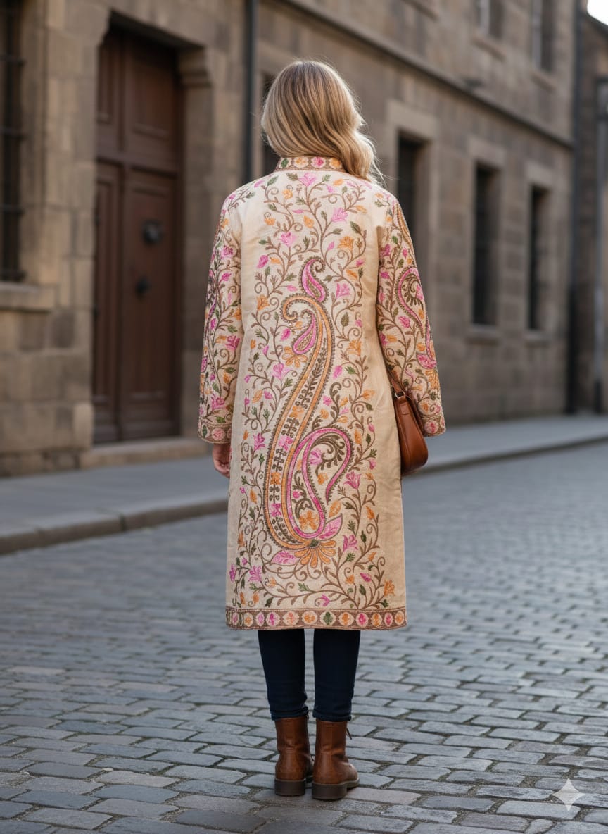 Artisan-Crafted Kashmiri Aari Embroidered Jacket - black and white Statement Coat