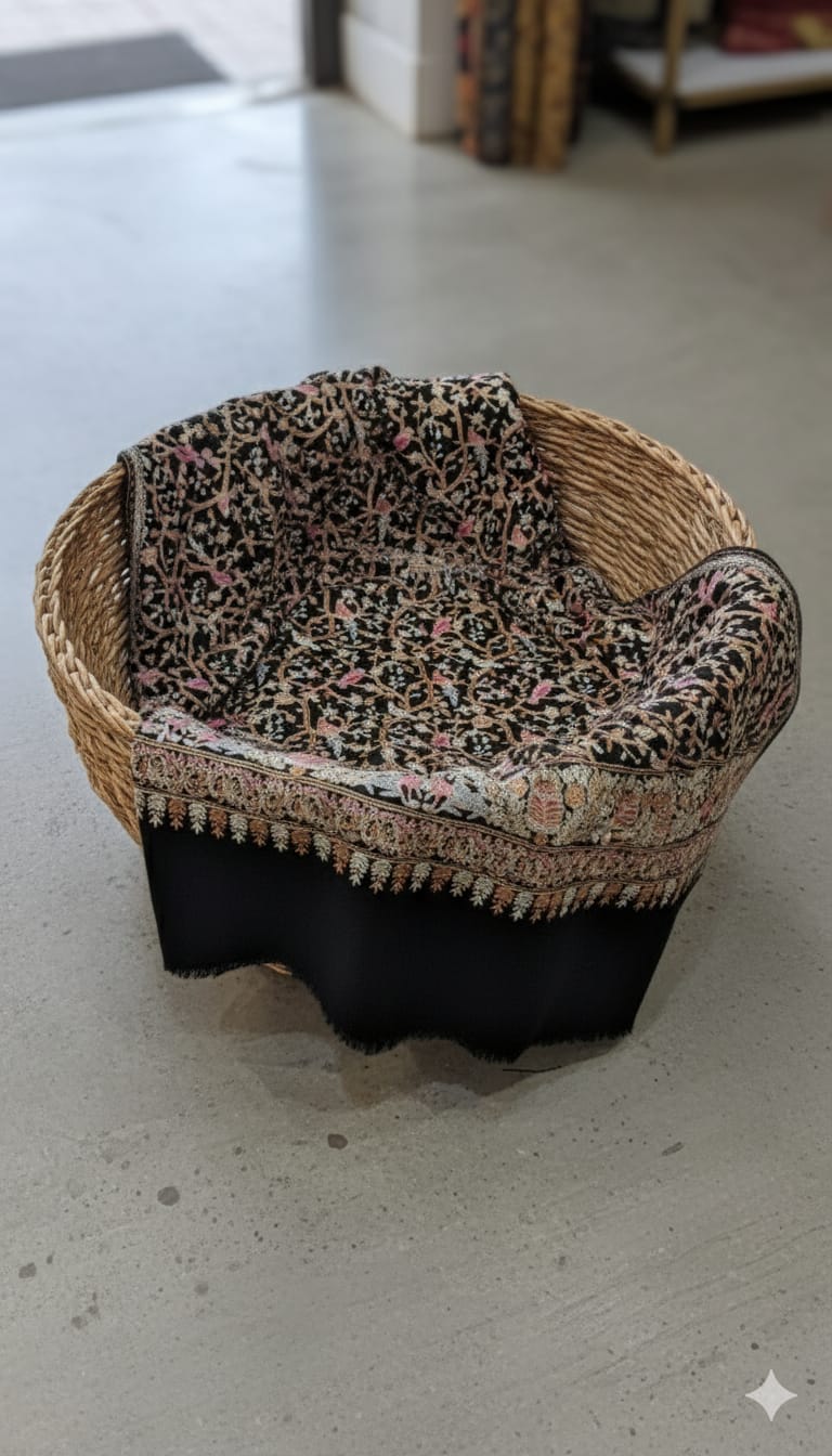 Black Pashmina Aari Embroidered Shawl Bird & Vine Motif