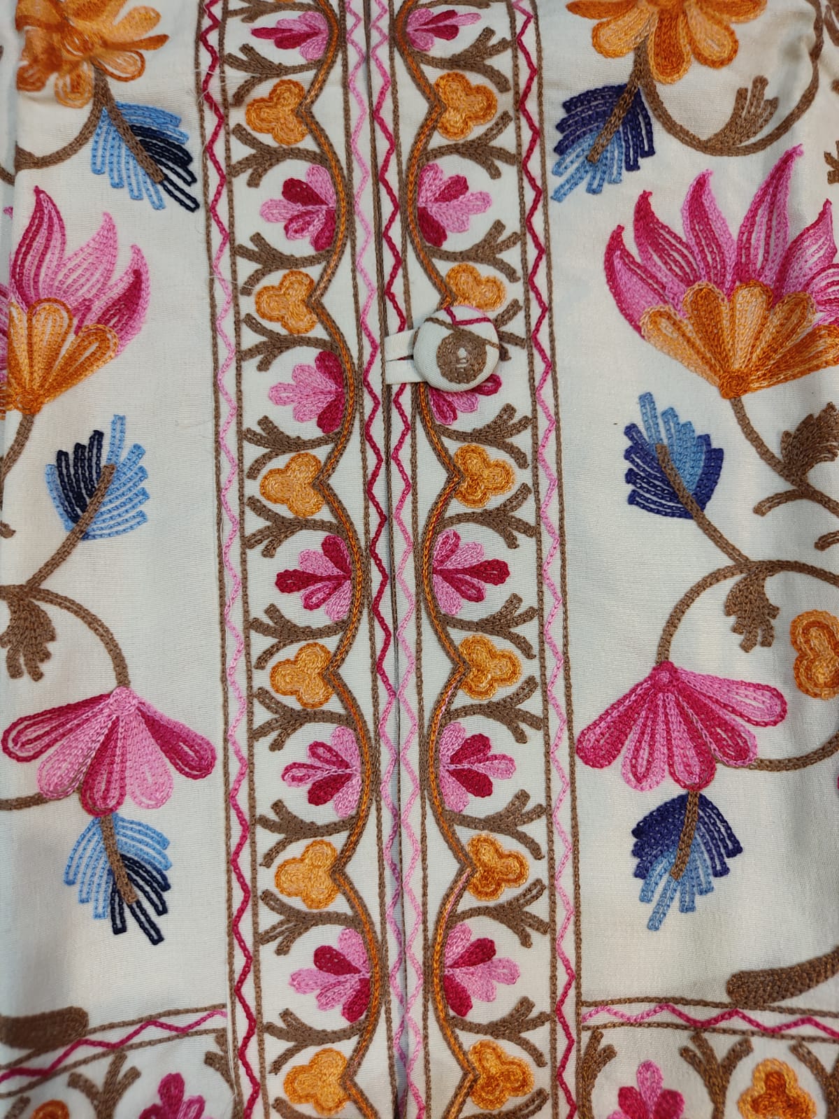 Authentic Kashmiri Embroidered Coat | Pink & Yellow Floral Aari Work Suzani Style Jacket | Artisan Bohemian Outerwear