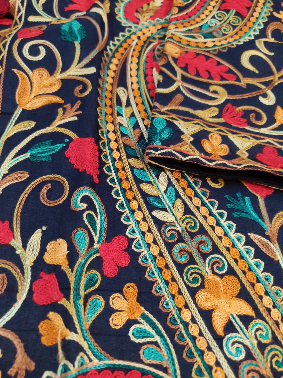 Artisan-Crafted Kashmiri Aari Embroidered Jacket - blue Floral Statement Coat