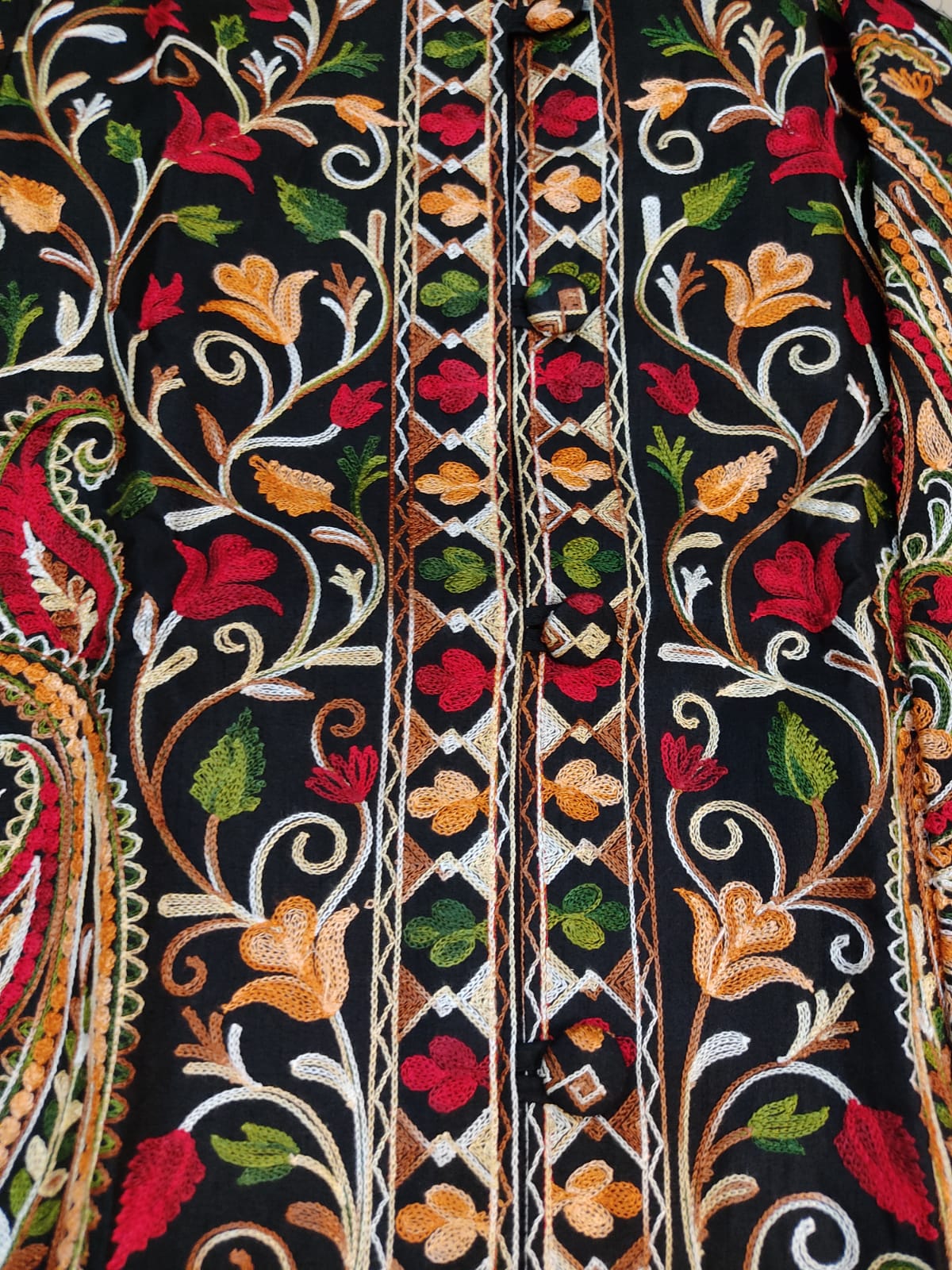 Artisan-Crafted Kashmiri Aari Embroidered Jacket - black Floral Statement Coat