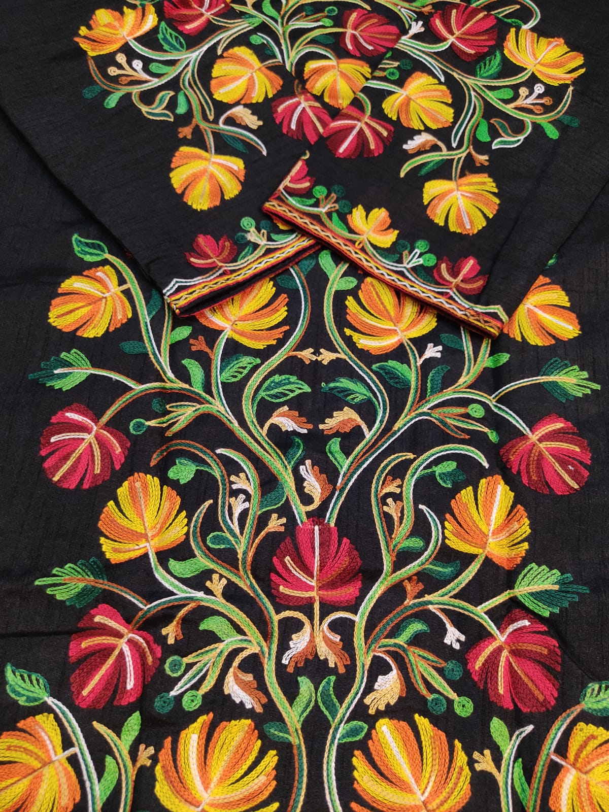 Artisan-Crafted Kashmiri Aari Embroidered Jacket - black Floral Statement Coat