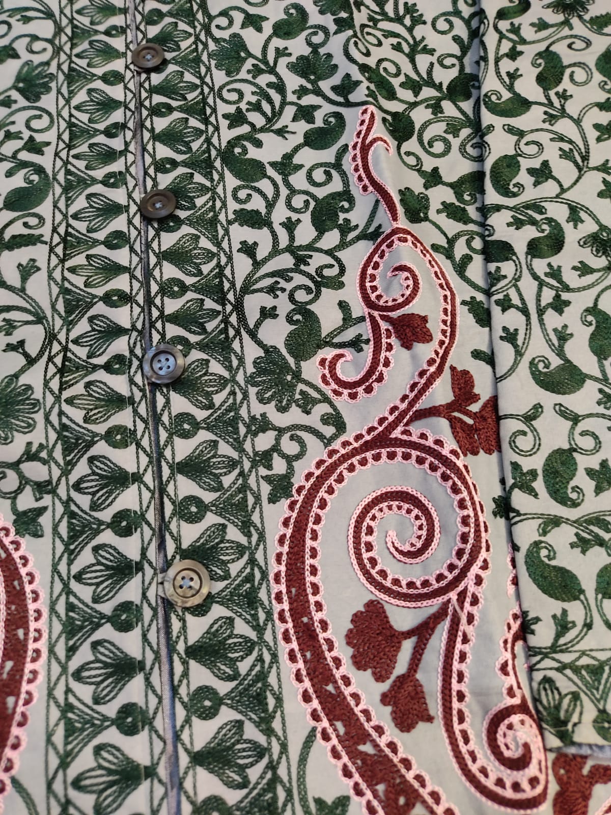 Artisan-Crafted Kashmiri Aari Embroidered Jacket - green and grey statement