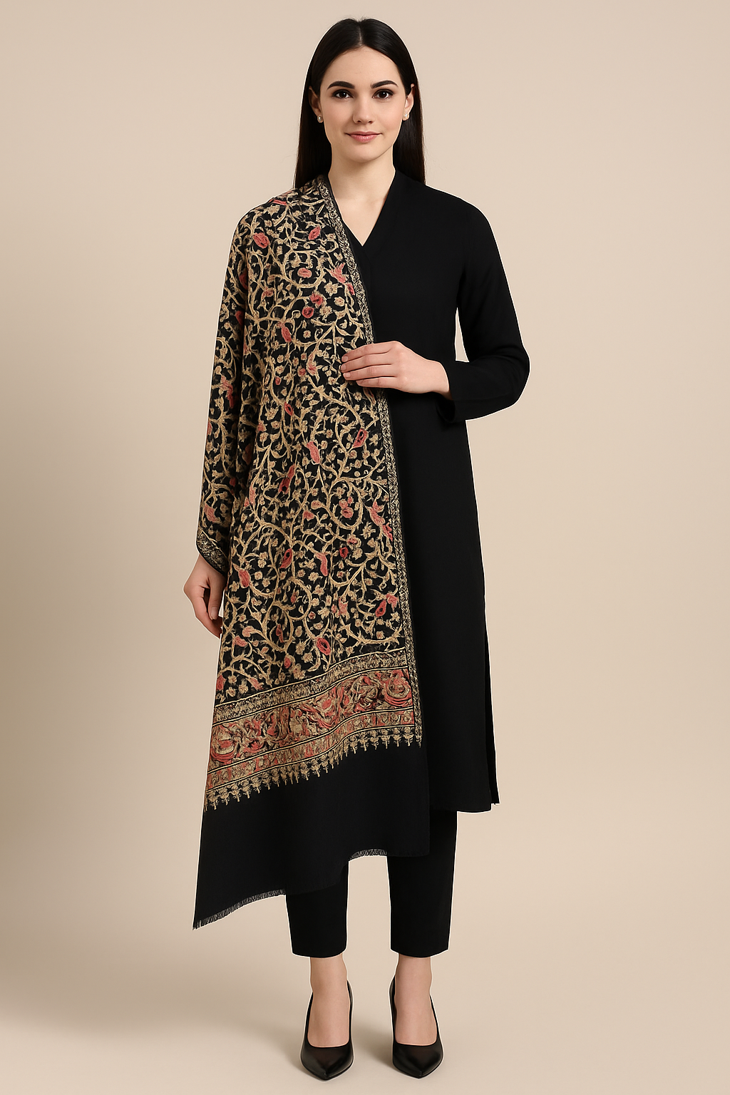 Luxury Black Pashmina Shawl with Aari Embroidery  Bird & Floral Motifs