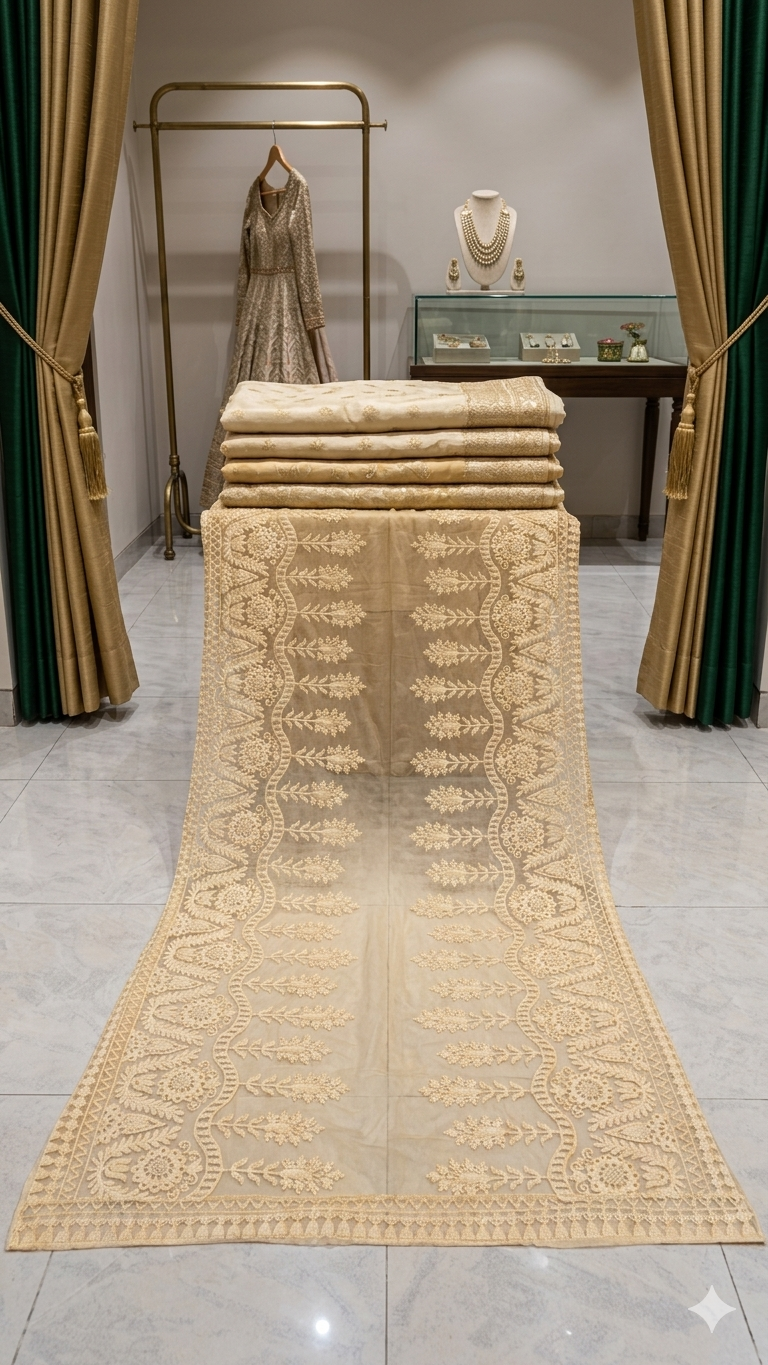 Beige Scalloped Soft Net Embroidered Dupatta