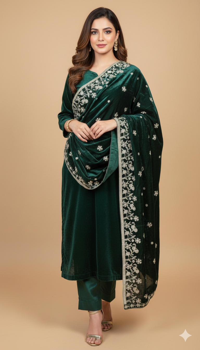 Emerald Velvet Embroidered Shawl – Luxury Collection