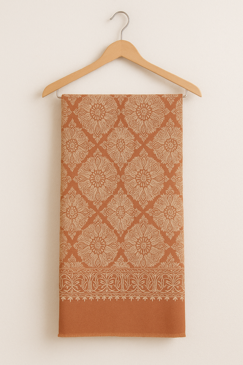 Luxury Rust & Cream Pashmina Shawl – Intricate Floral Weave