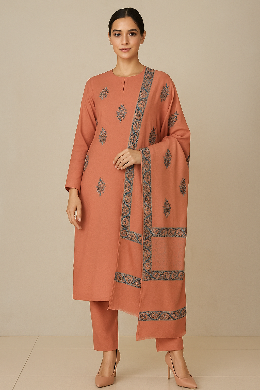 Peach Pashmina Block Print Shawl