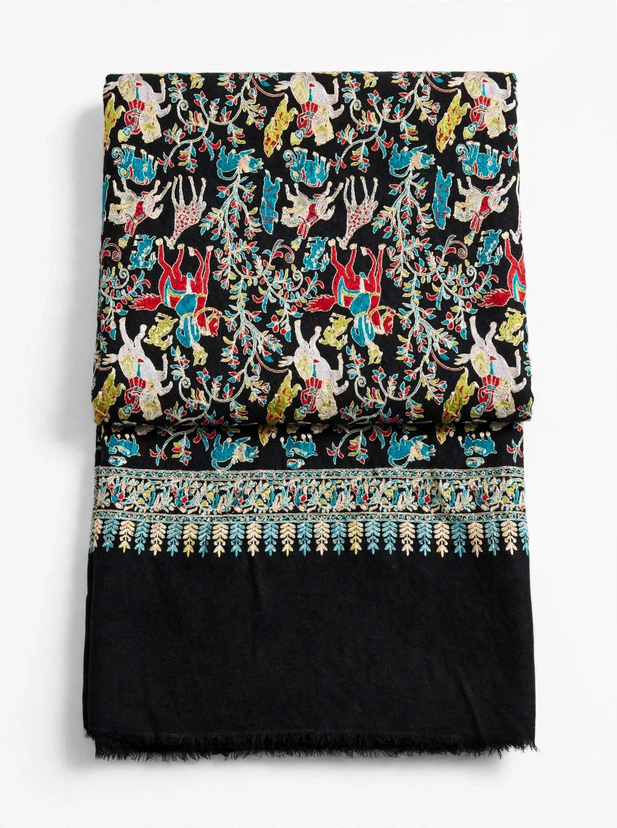 Black Shikargah Kani Pashmina Shawl Multicolor Hunting Scene Embroidered Wool Shawl