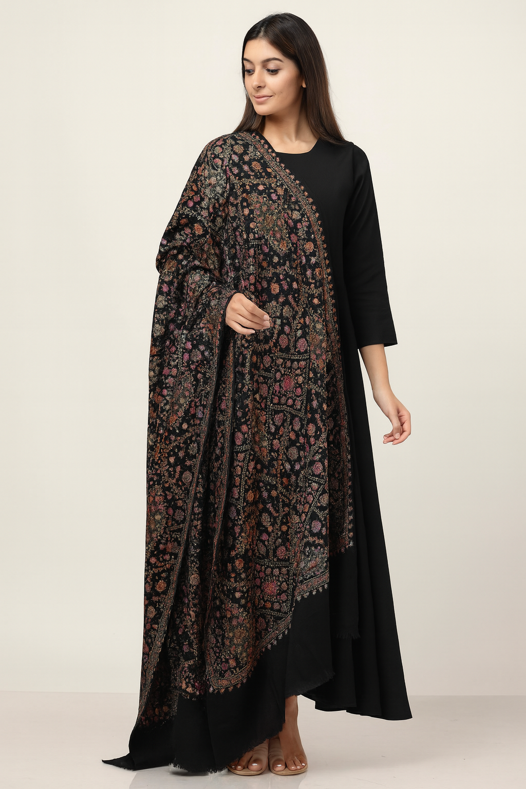 Luxury Needle Embroidery Pashmina Shawl – Black Base with Multicolor Floral Motifs