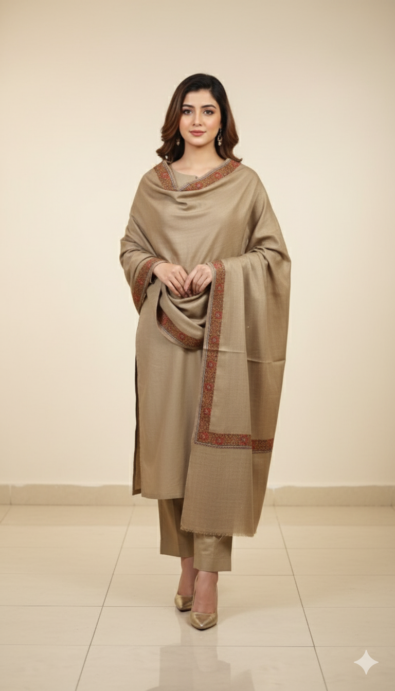 Elegant Beige Pashmina Shawl with Embroidered Borders