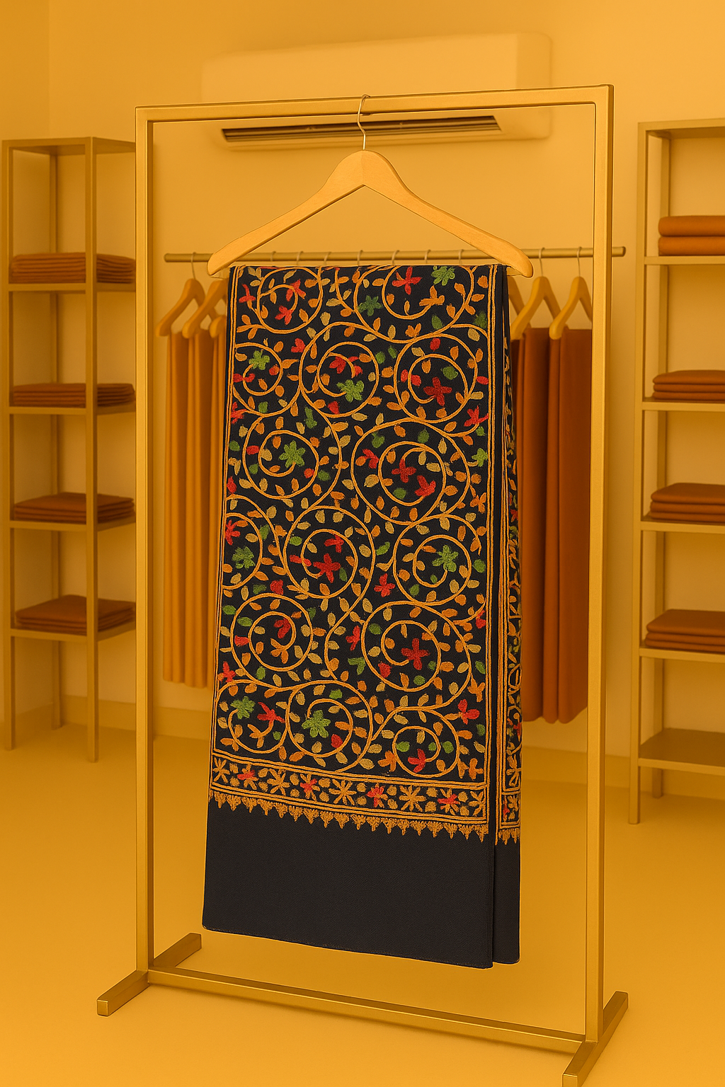 Navy Blue Pashmina Shawl with Multicolor Aari Embroidery