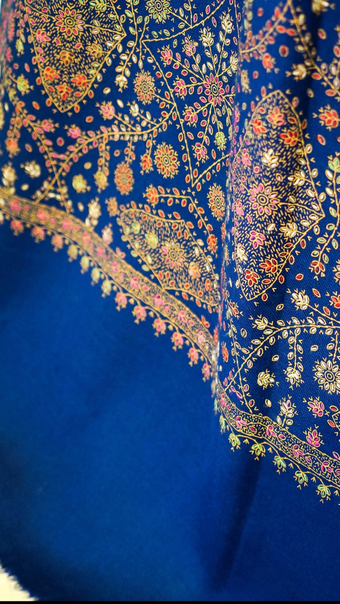 Royal Blue Needle Embroidery Pashmina Shawl Traditional Elegance