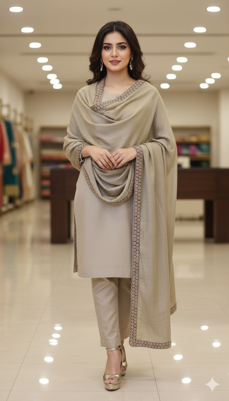 Elegant Beige Embroidered Pashmina Shawl