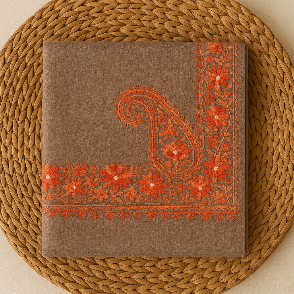 Beige Pashmina Shawl with Four-Side Floral Paisley Embroidery