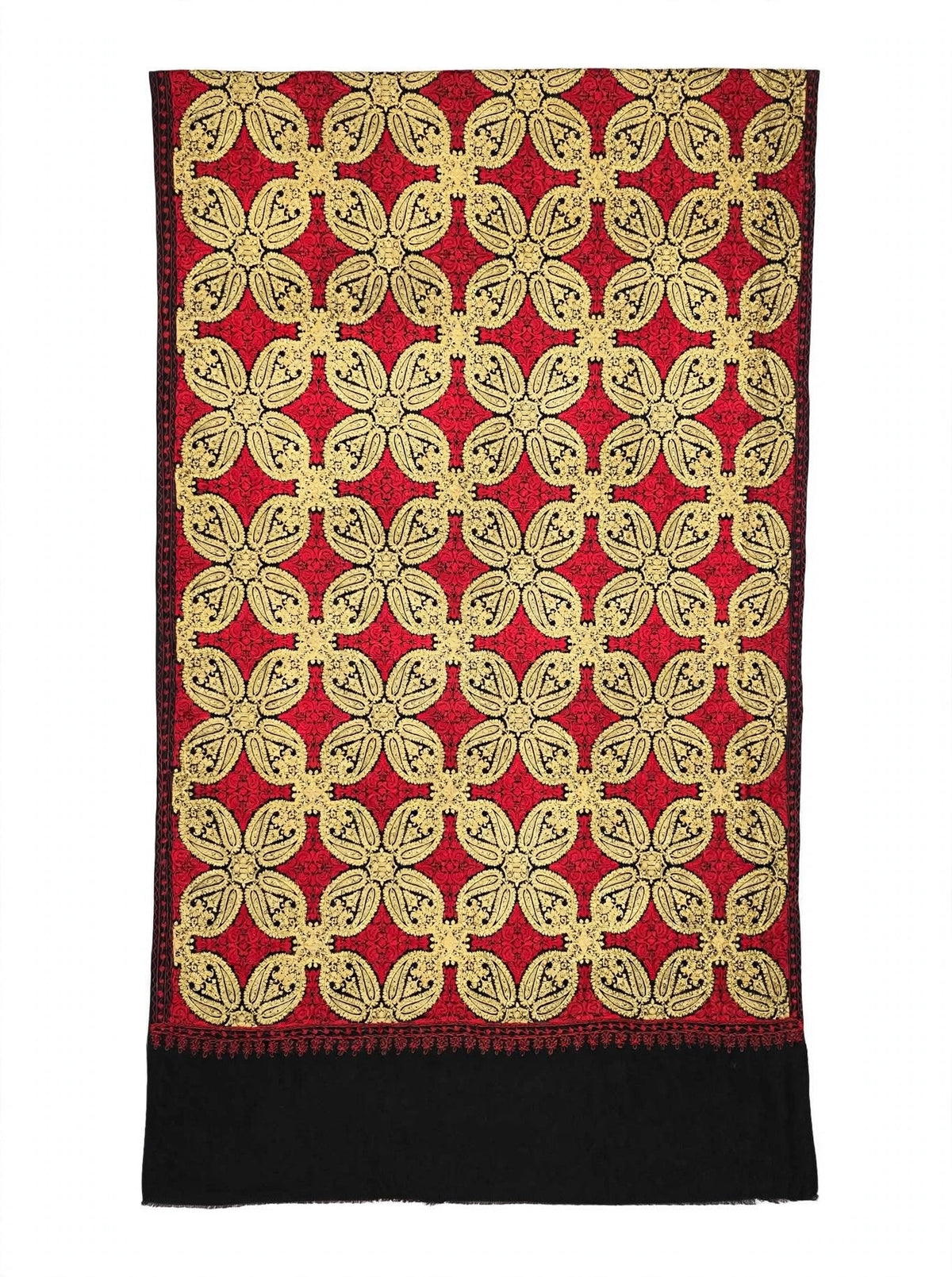 Traditional Kashmir Pashmina Shawl Crimson & Gold Tilla Embroidery Wrap