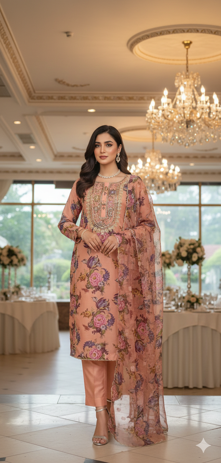 Exquisite Hand-Embroidered Organza & Paper Silk 3-Piece Suit Silk Ensemble