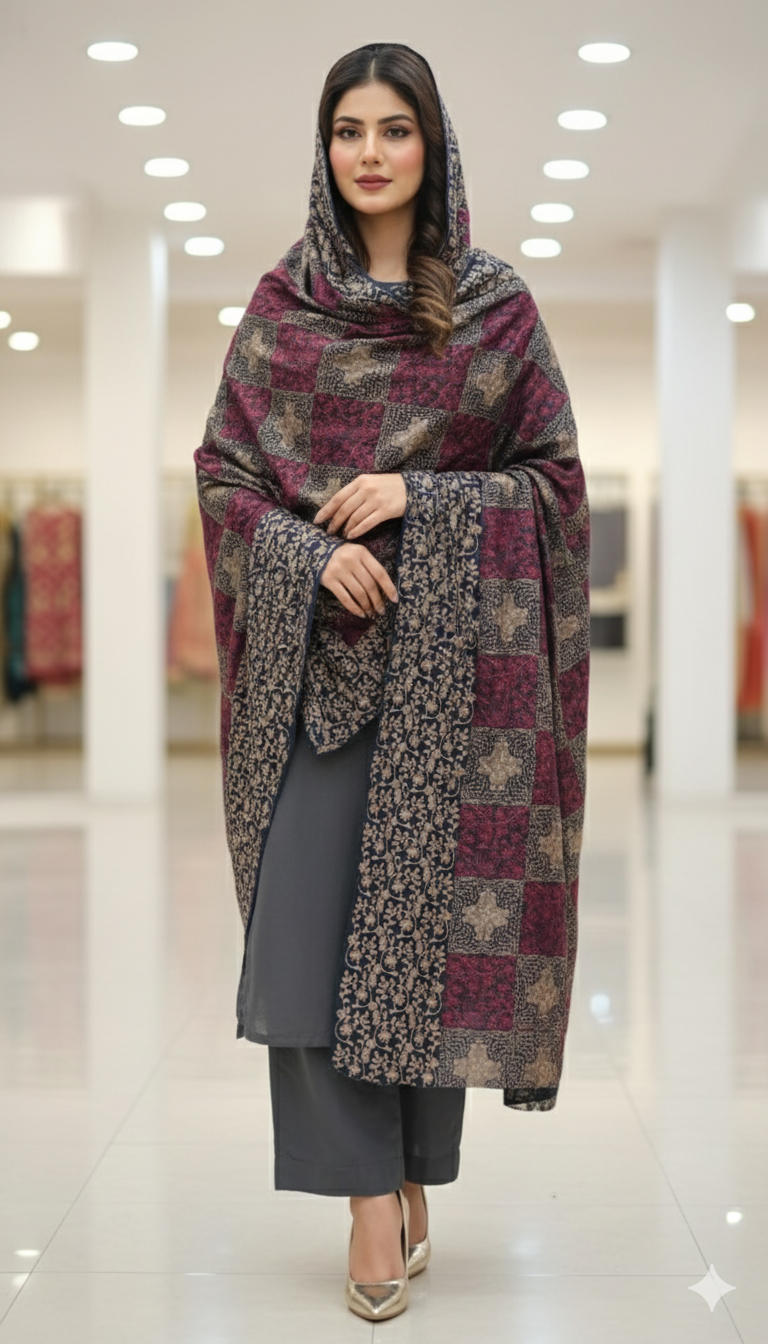 Luxury Pashmina Embroidered Shawl Maroon & Beige Checkered Floral Design