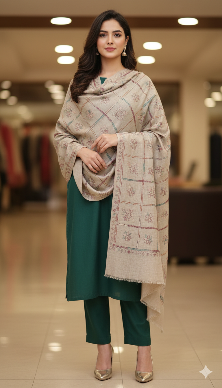 Elegant Pashmina Shawl with Shadow Work Embroidery
