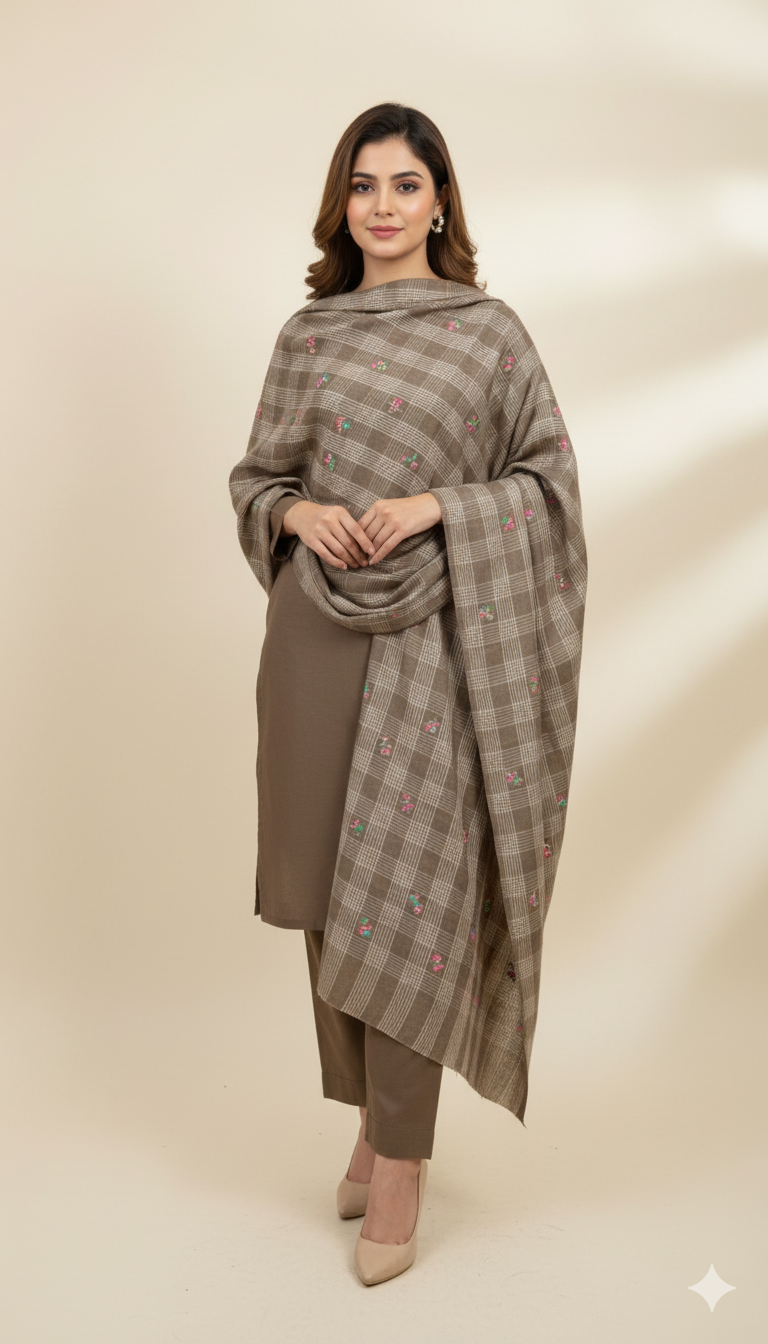 Classic Checked Pashmina Shawl with Subtle Floral Motifs