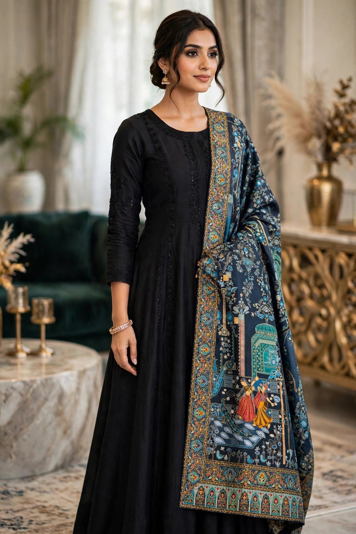 Teal Blue Mughal Darbar Minakari Shawl - Premium Kaani Pashmina Shawl
