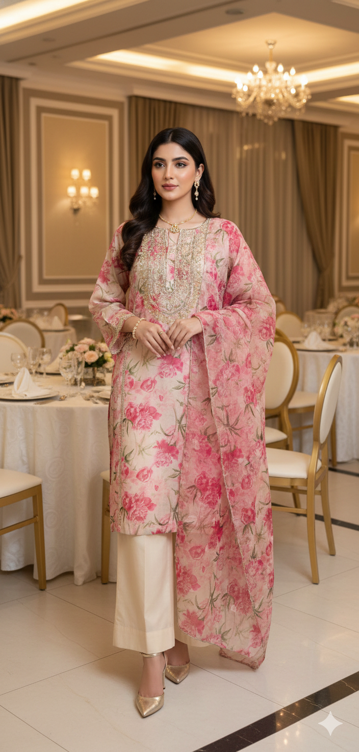 Elegant Peach Floral Hand-Embroidered Organza & Paper Silk Ensemble Pakistani designer dress