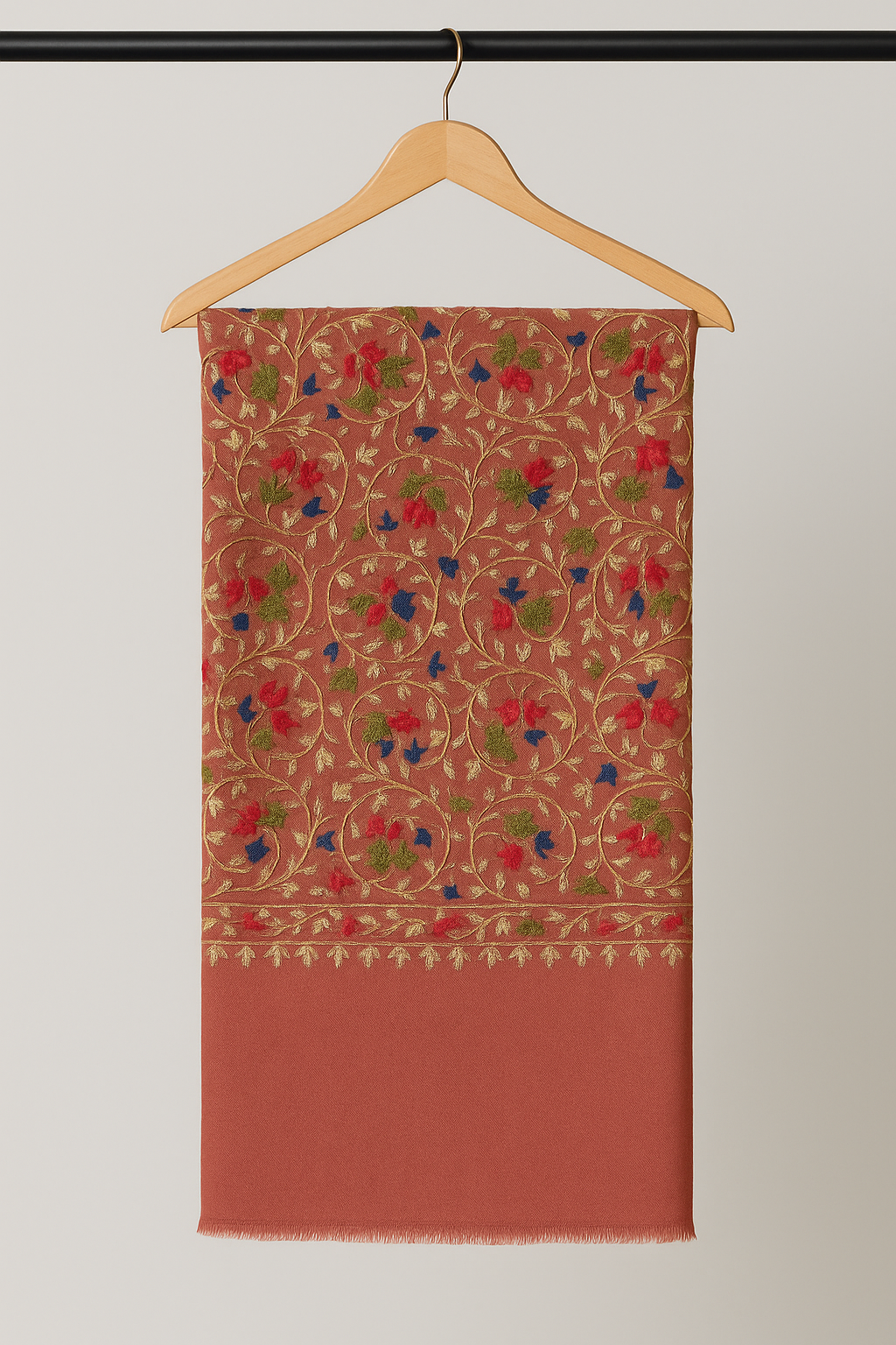 Premium Aari Embroidered Pashmina Shawl Multicolor Floral on Terracotta Base