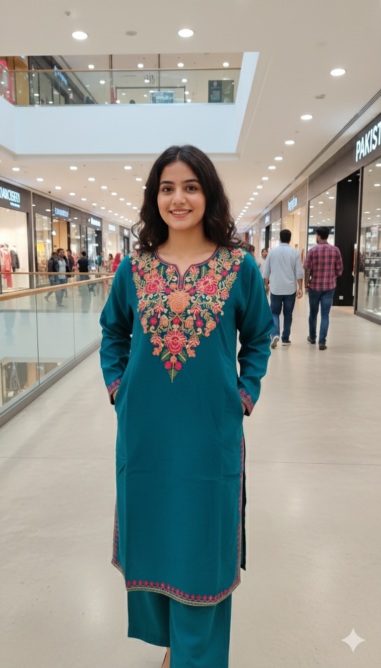Teal Kashmiri Aari Embroidered Kurta Set