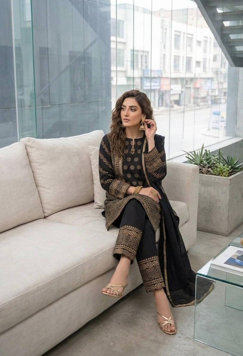 Midnight Gold Hand-Block Printed Cotton Lawn Set