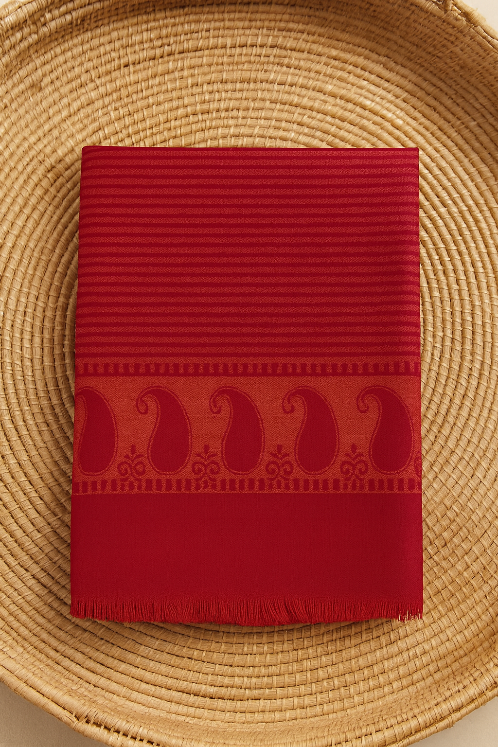 Red Pashmina Printed Shawl with Stripes & Paisley Border