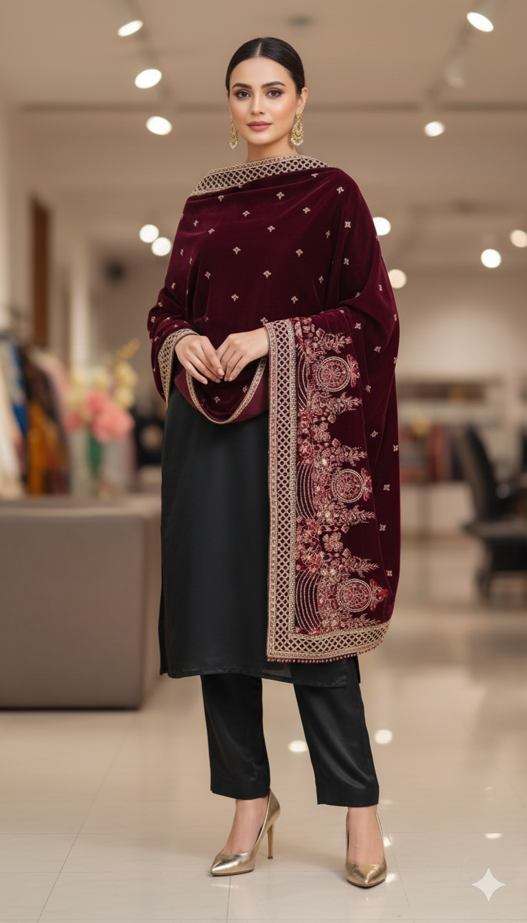 Burgundy Velvet Embroidered Shawl – Luxury Winter Edit
