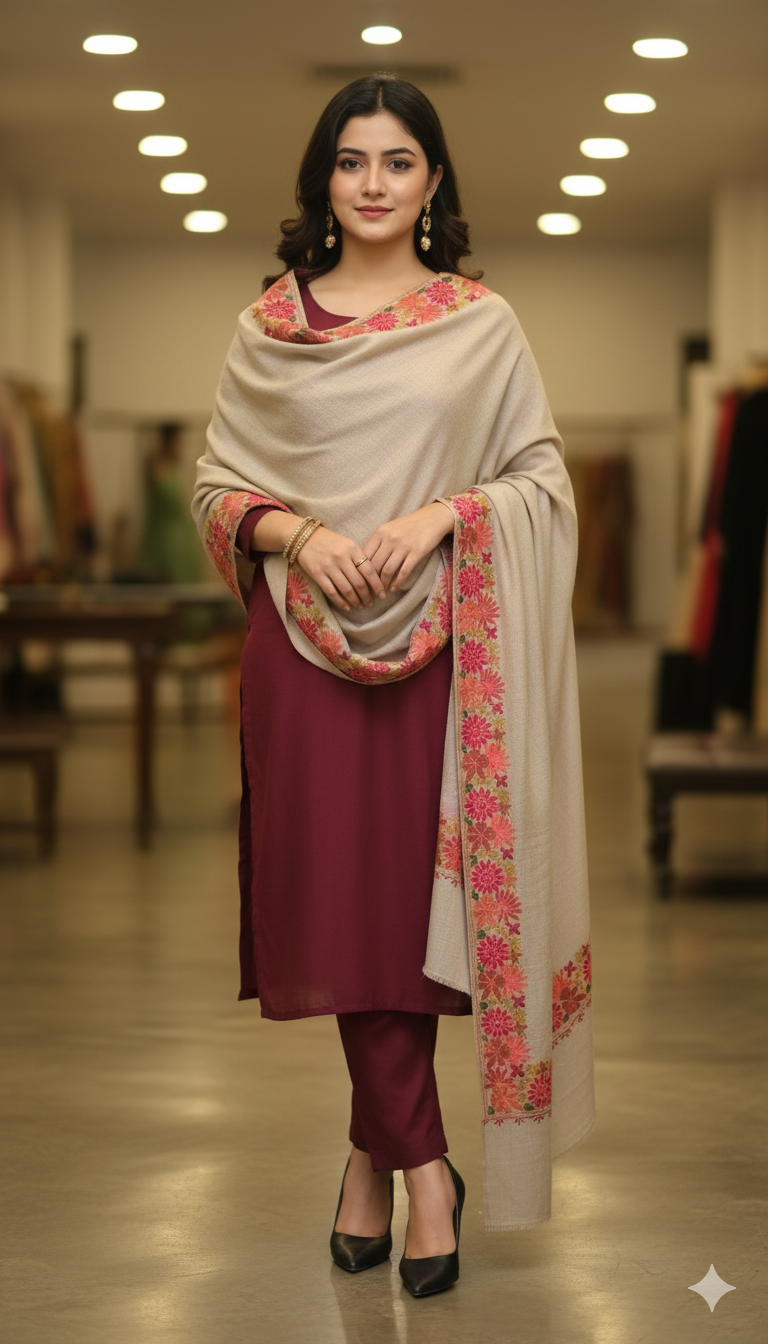 Luxury Beige Pashmina Shawl with Floral Border Embroidery