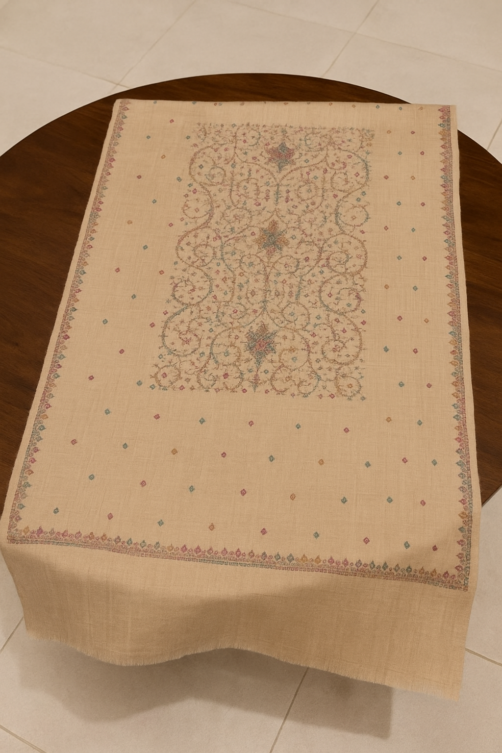 Luxury Needle Embroidered Pashmina Shawl Beige Elegance