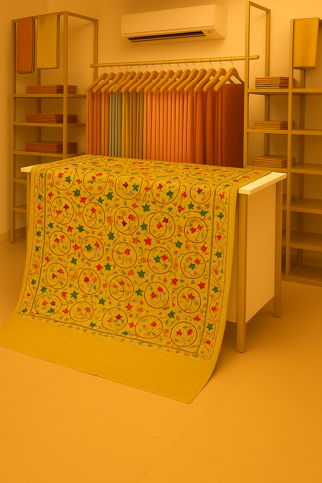 Golden Mustard Pashmina Shawl with Multicolor Aari Embroidery