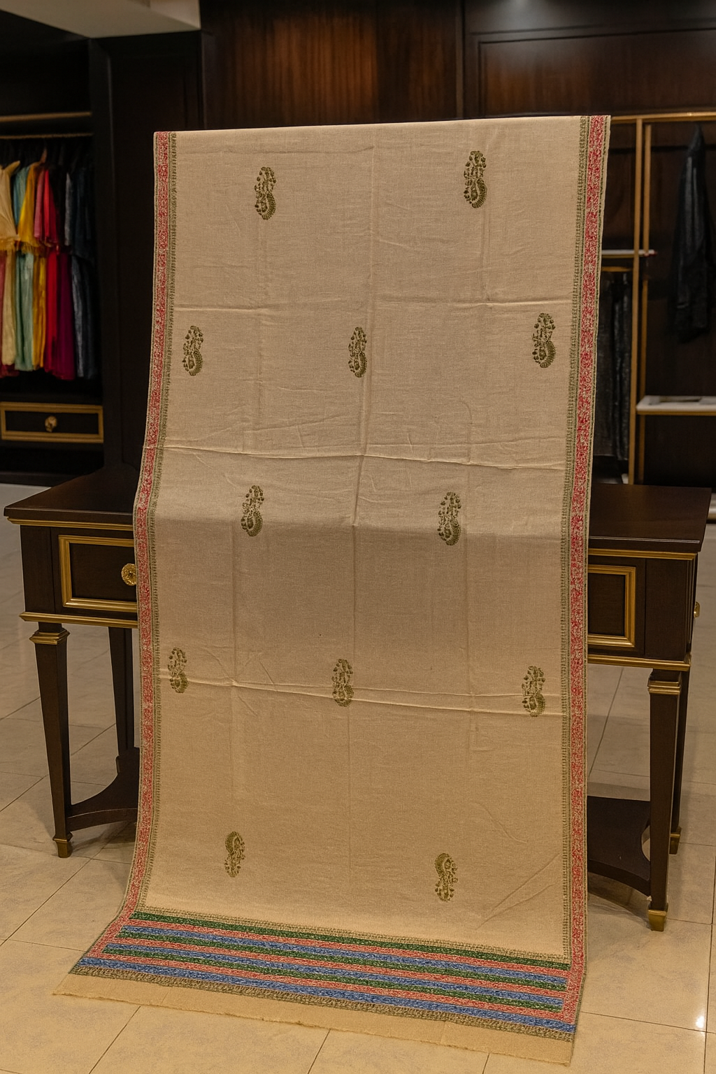 Handcrafted Block Print Pashmina Shawl Timeless Beige Elegance