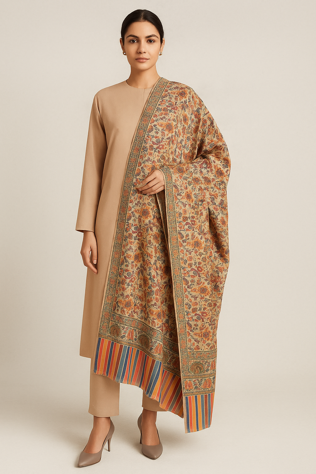 Floral Print Pashmina Shawl with Striped Border