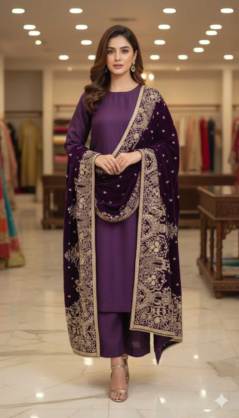 Purple Velvet Luxury Shawl – Handcrafted Elegance