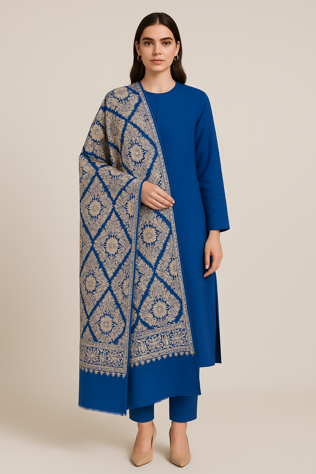 Royal Blue Pashmina Shawl with Golden Aari Embroidery