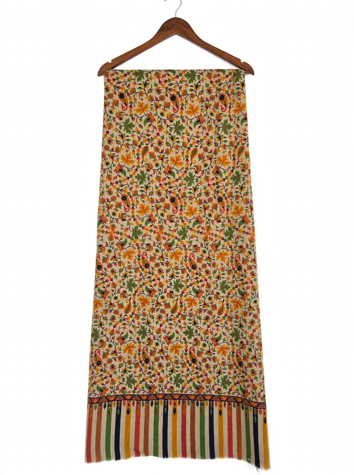 Floral Printed Pashmina Shawl with Striped Border | Soft Autumn Leaf Wrap