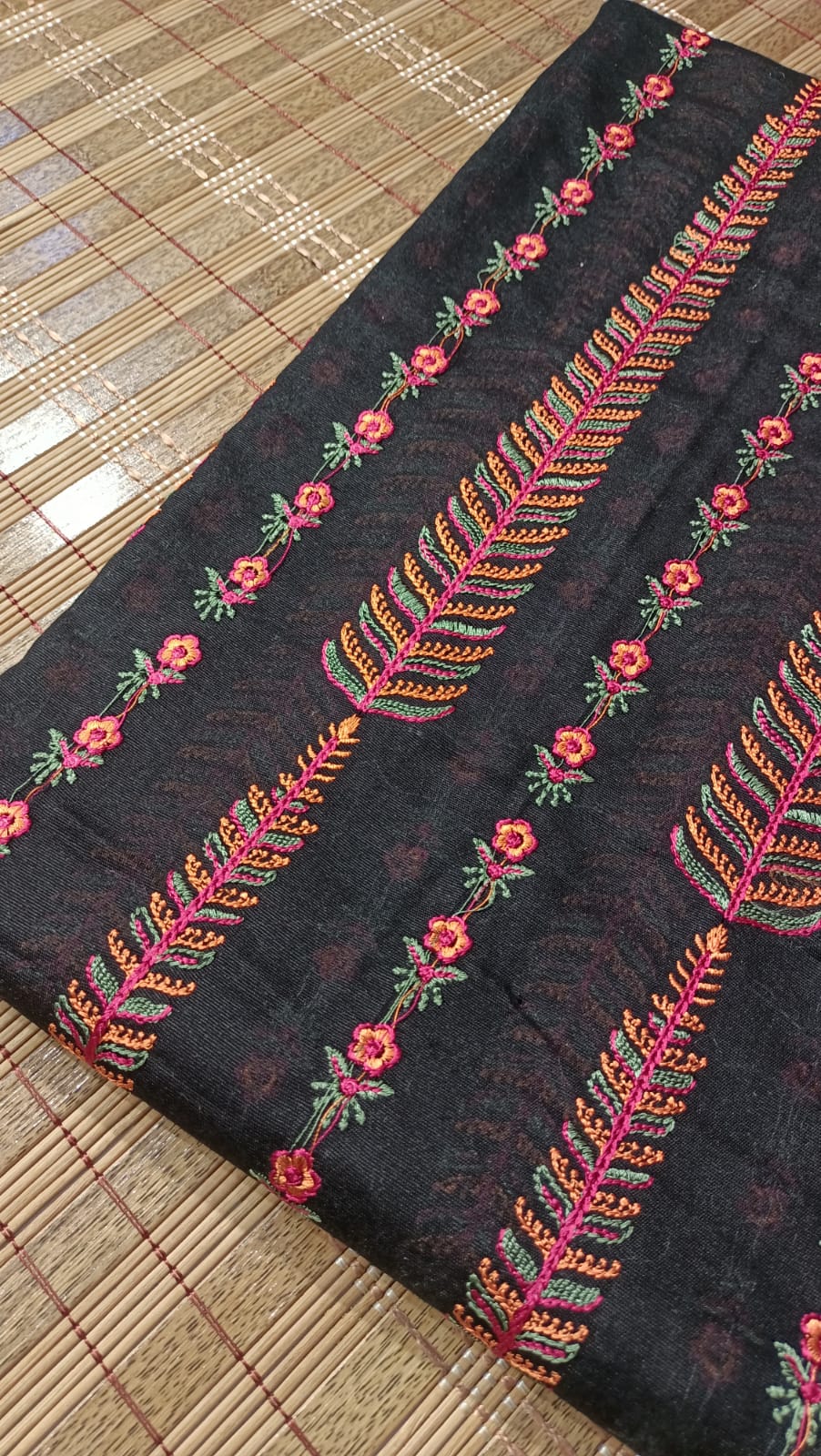 Black Karandi Embroidered Shawl Rust & Red Vertical Motif Design