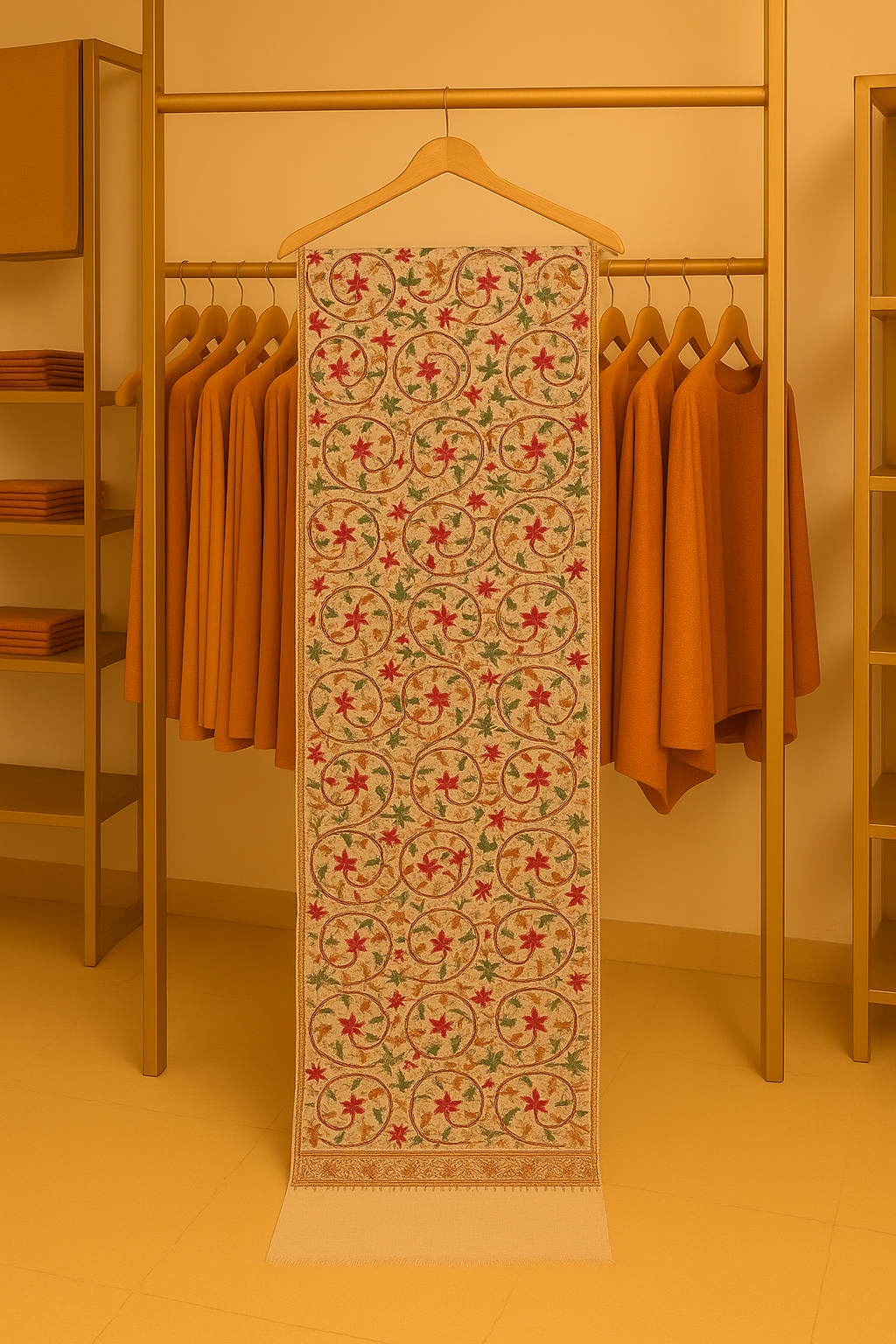 Premium Aari Embroidered Pashmina Shawl Cream Base with Multicolor Floral Motifs